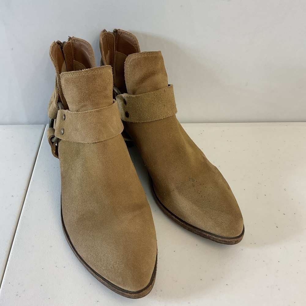 Frye Leather Back-Zip Ankle Boots Ray Harness Tan Suede‎ Size 8.5 M Western Boho